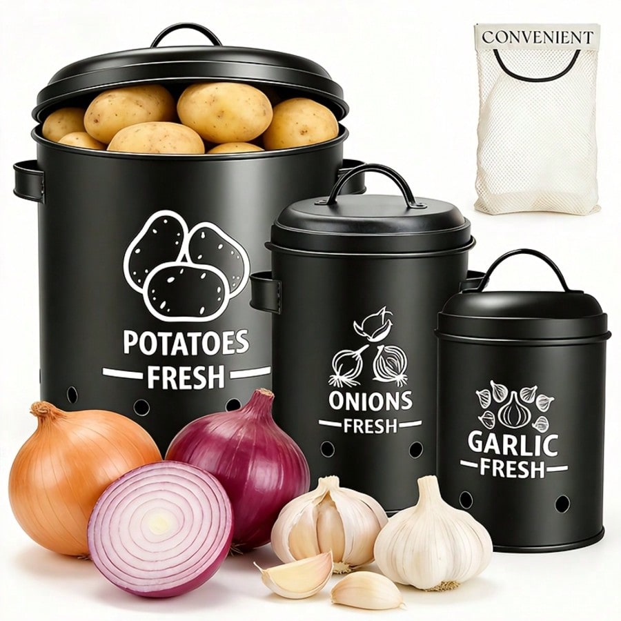Kitchen Baking Storage - Kartoffel-Zwiebel-Knoblauch-Aufbewahrungsbehälter-Set im Farmhouse-Stil, rustikales schwarzes Metall,